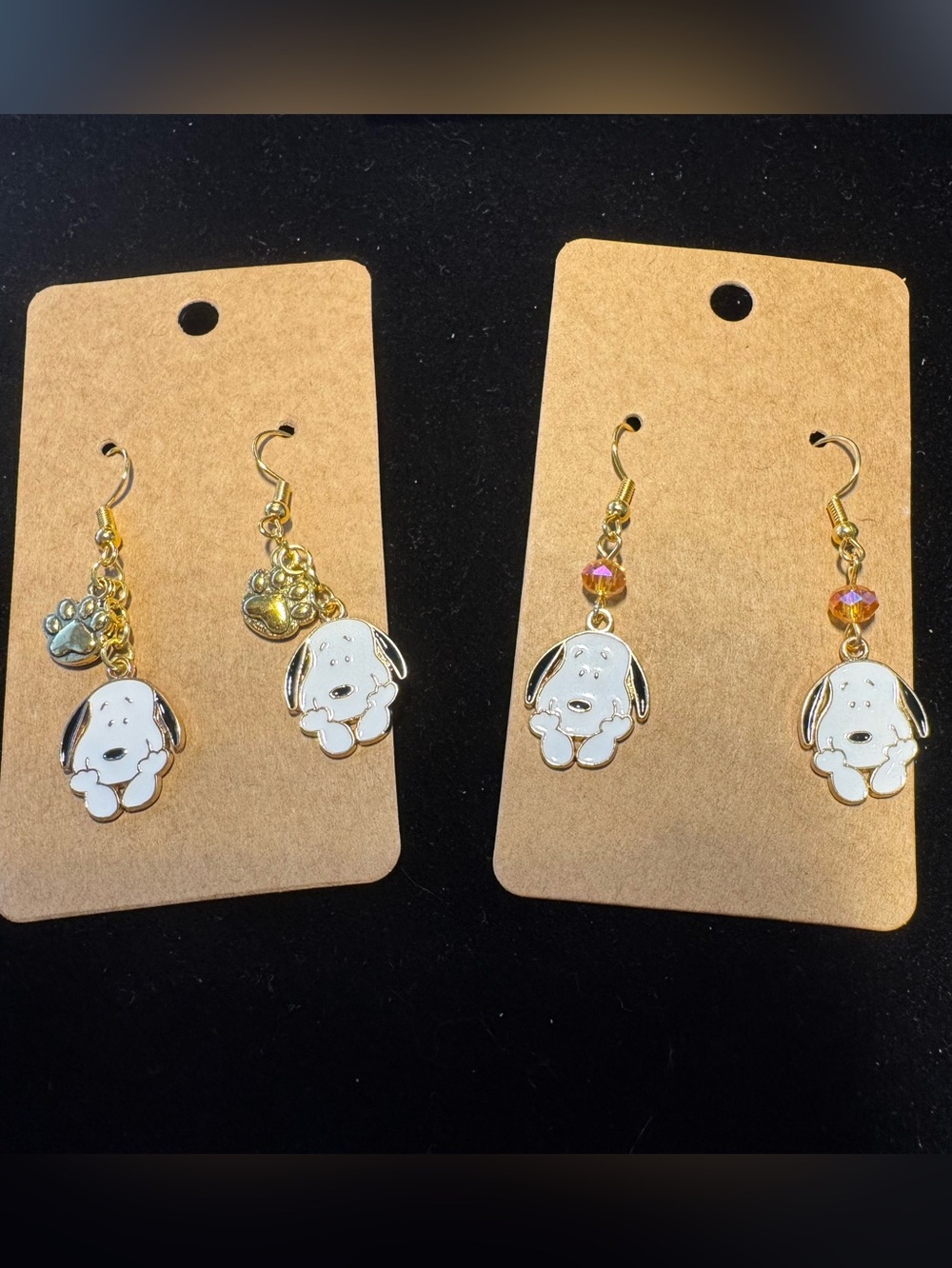 White Puppy Dangle Earrings with Gold Accents NEW